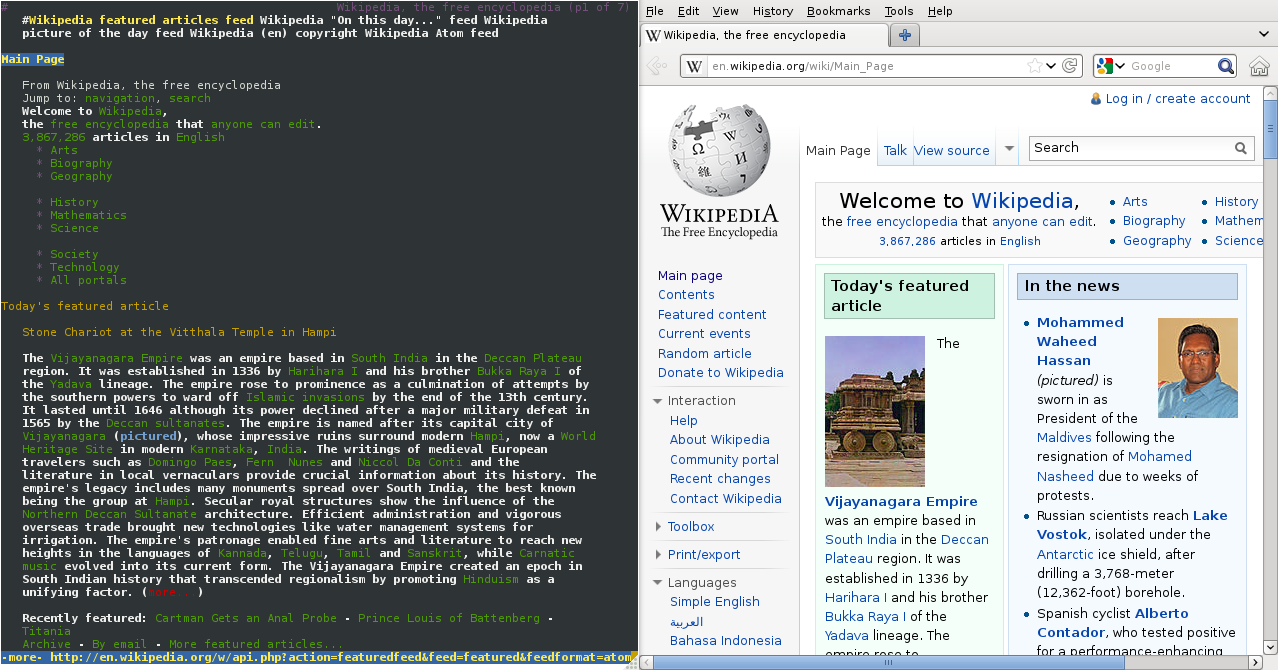 Screenshot of Lynx and Firefox displaying the Wikipedia homepage side by side