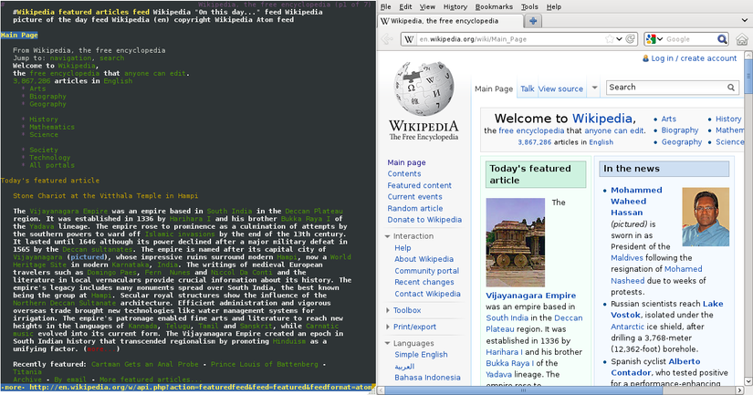 Screenshot of Lynx and Firefox displaying the Wikipedia homepage side by side