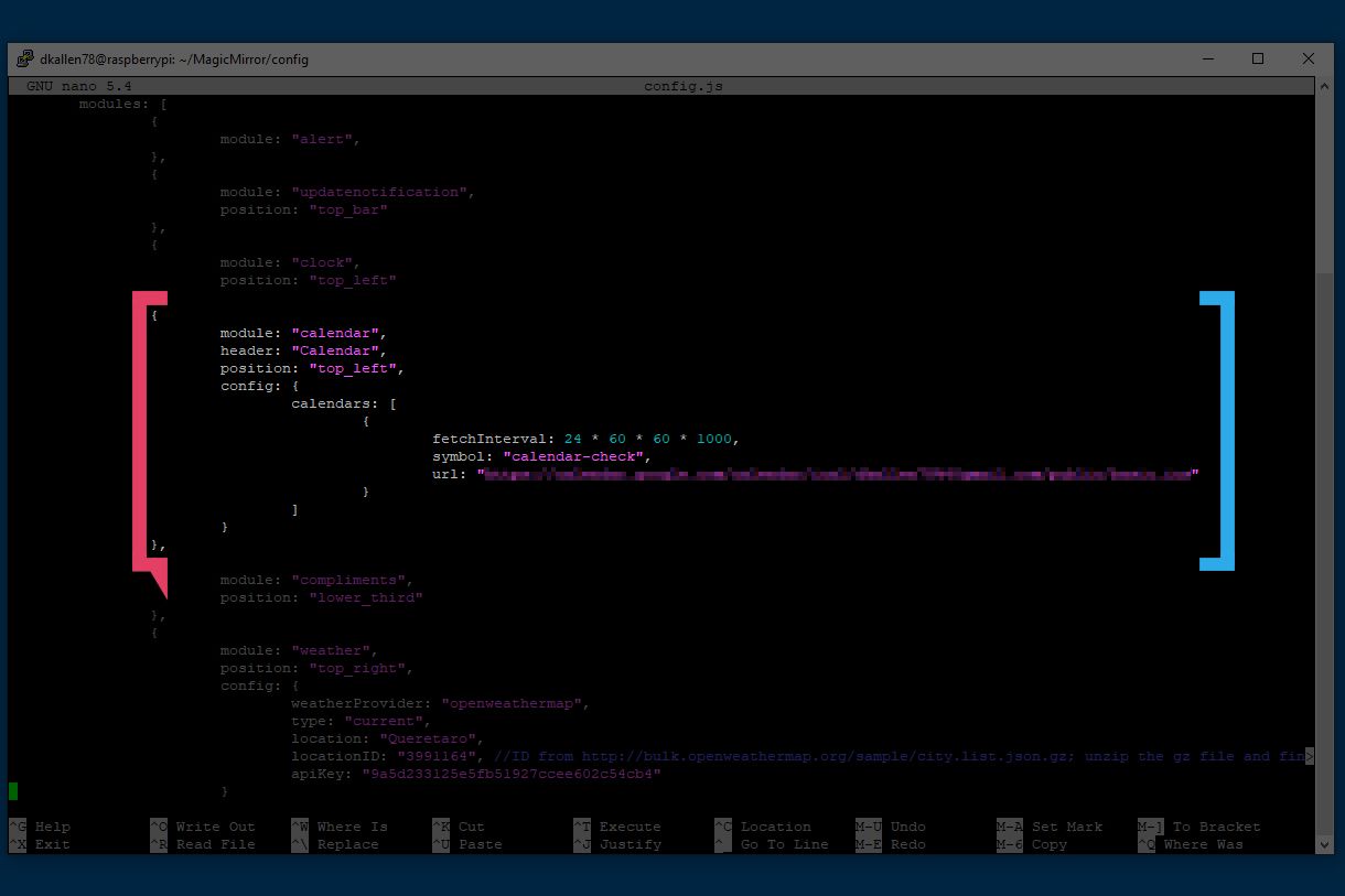 Magic Mirror config.js file highlighting the calendar module