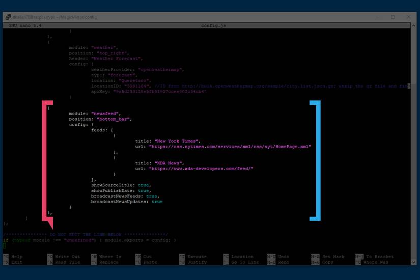 Magic Mirror configuration file highlighting the news module