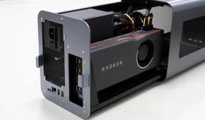 A Mantiz Saturn eGPU enclosure with an AMD Radeon GPU installed