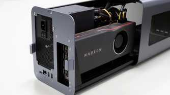 A Mantiz Saturn eGPU enclosure with an AMD Radeon GPU installed