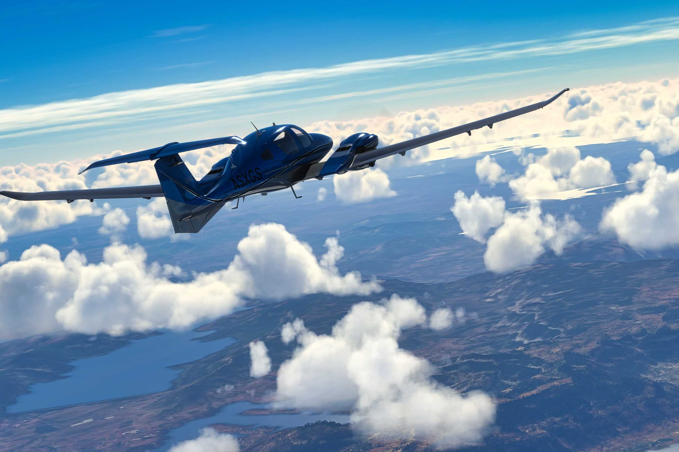 Screenshot from Microsoft Flight Simulator 2020 showing a plane over clouds and terrain