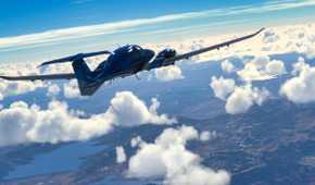 Screenshot from Microsoft Flight Simulator 2020 showing a plane over clouds and terrain