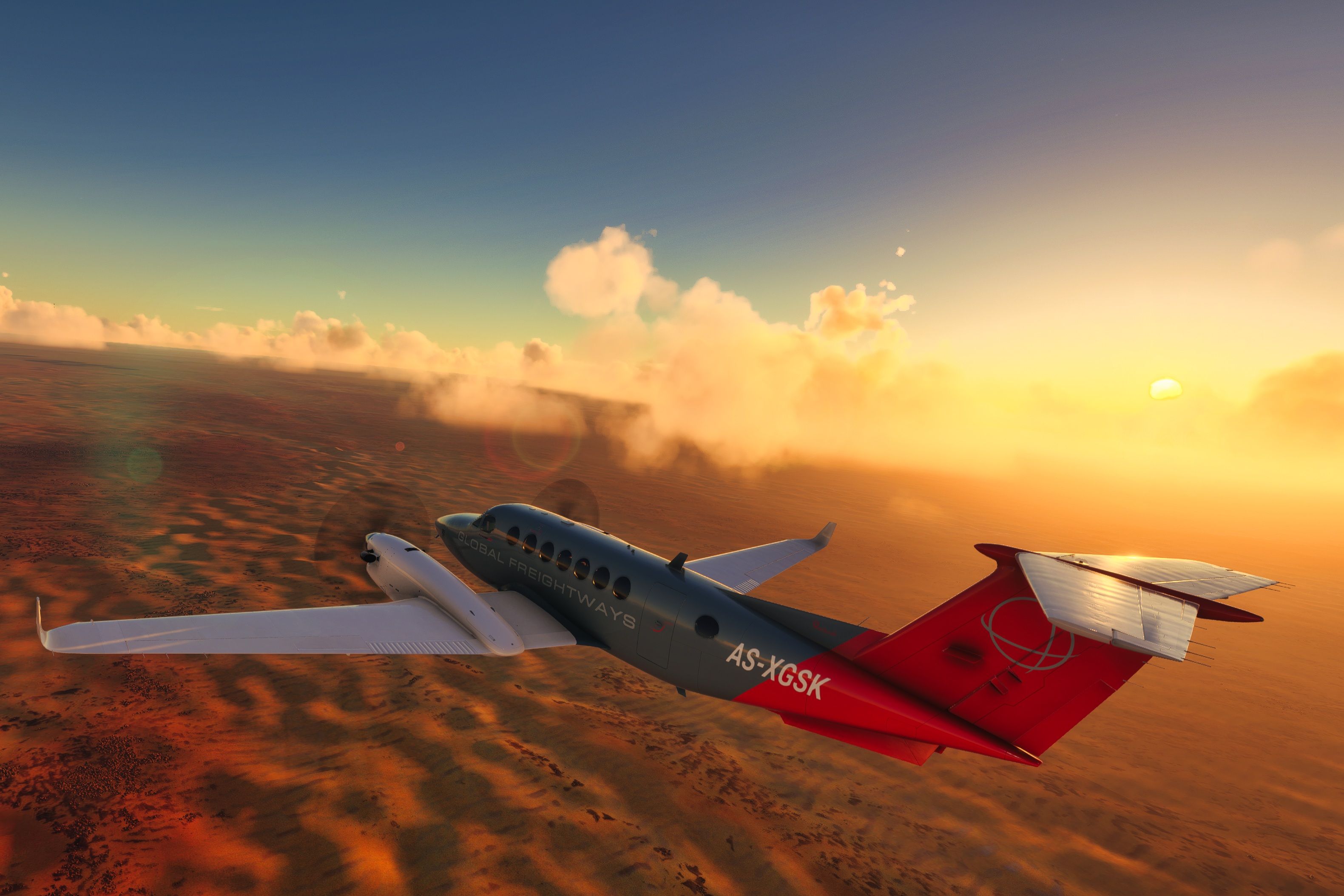 Screenshot from Microsoft Flight Simulator 2020 showing a plane flying over sunset-lit clouds