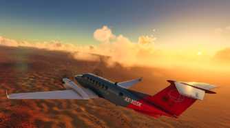Screenshot from Microsoft Flight Simulator 2020 showing a plane flying over sunset-lit clouds