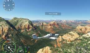 Screenshot from Microsoft Flight Simulator 2020 showing a plane over green terrain