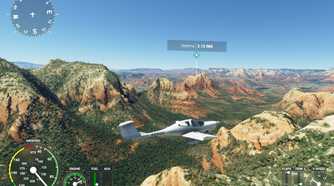 Screenshot from Microsoft Flight Simulator 2020 showing a plane over green terrain