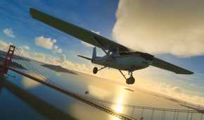 Screenshot from Microsoft Flight Simulator 2020 showing a plane flying over the Golden Gate Bridge