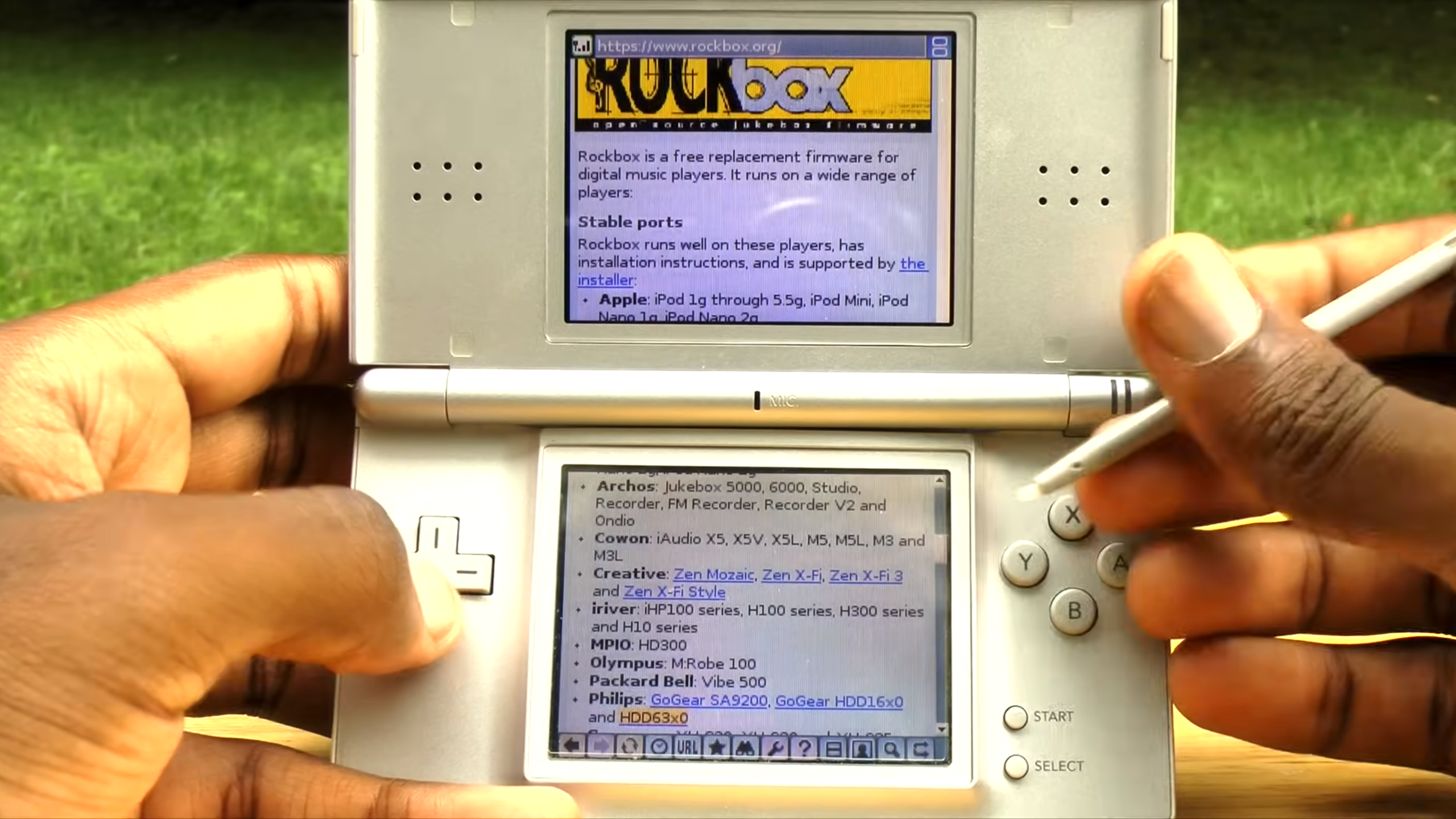 Nintendo DS Browser displaying the Rockbox website