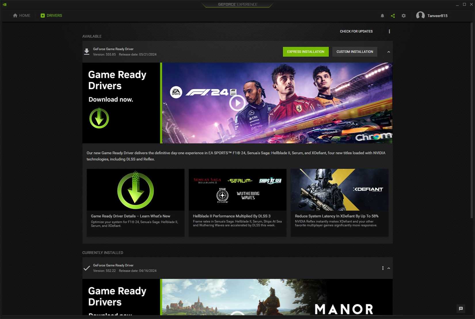 Screenshot of Nvidia GeForce Experience showing a Game Ready Driver