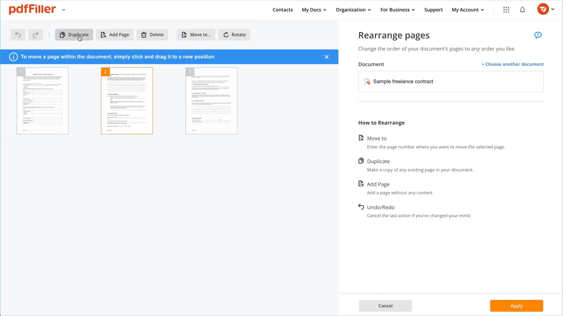 pdffiller tutorial rearrange pages