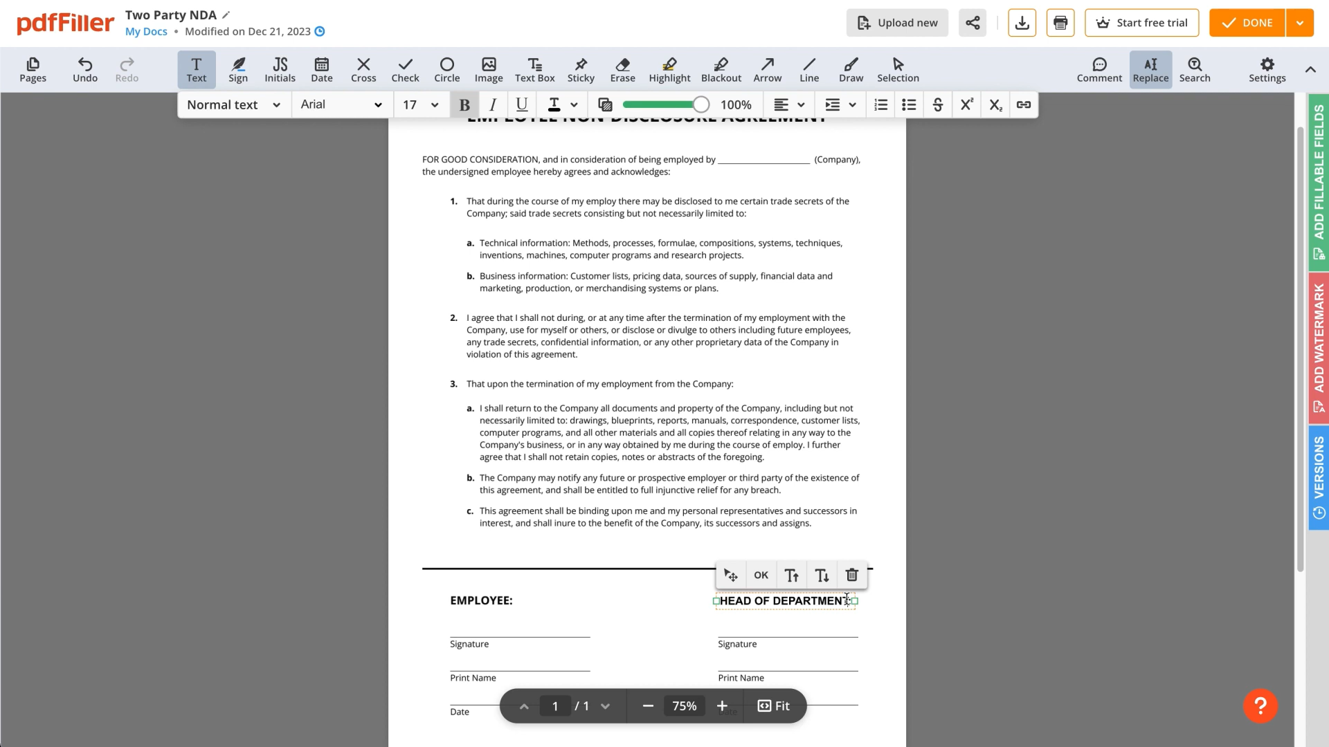 pdffiller replace text