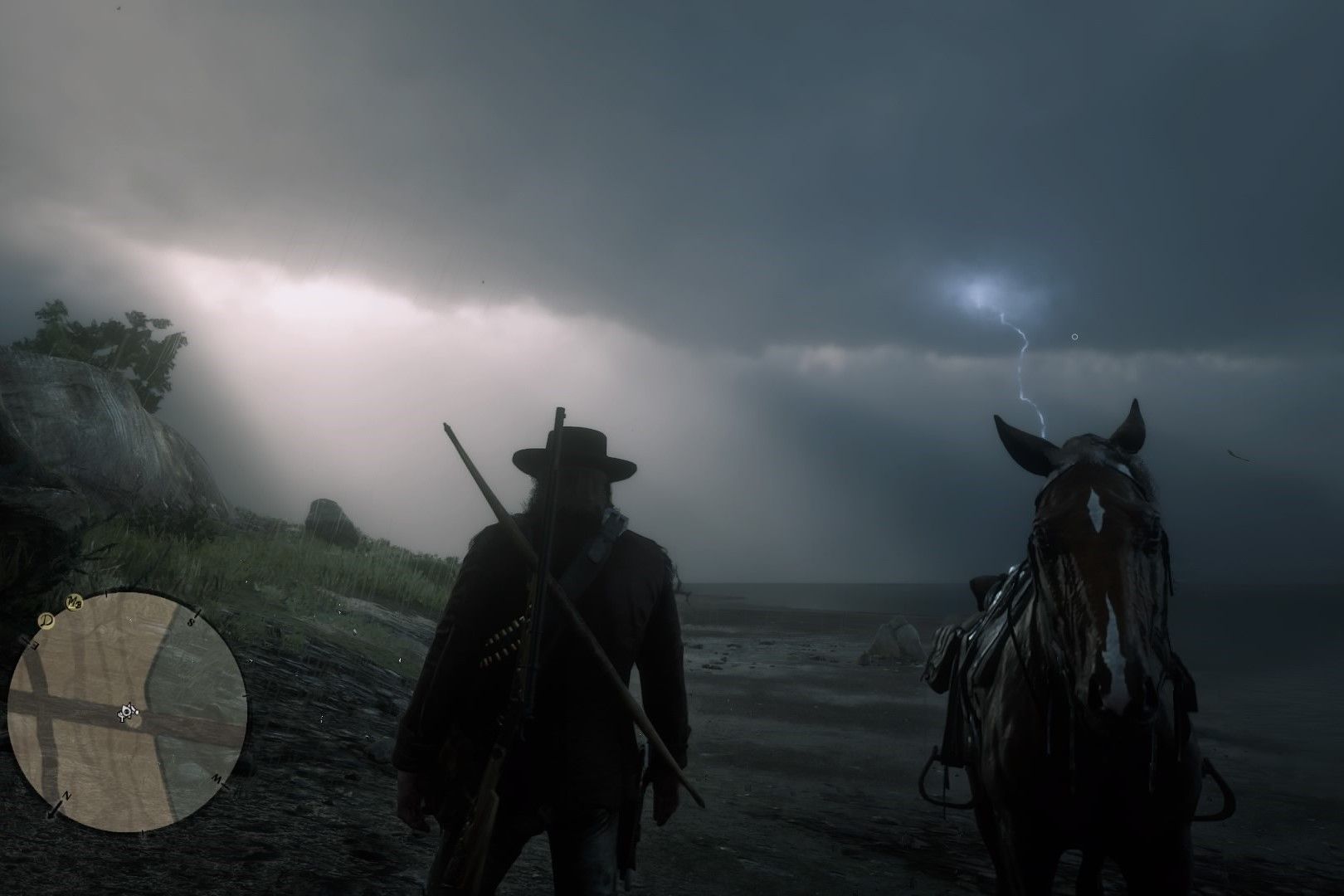 Screenshot from Red Dead Redemption 2 showing clouds and rain