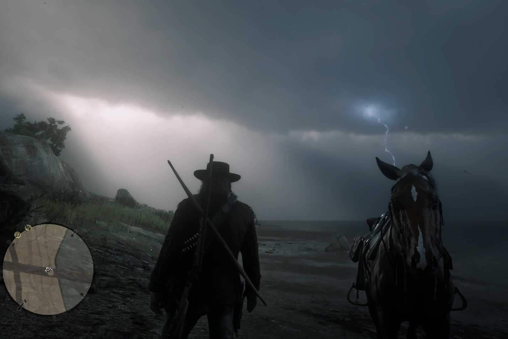 Screenshot from Red Dead Redemption 2 showing clouds and rain
