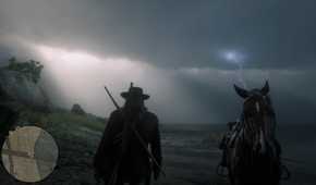 Screenshot from Red Dead Redemption 2 showing clouds and rain