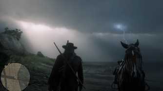 Screenshot from Red Dead Redemption 2 showing clouds and rain