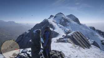 Screenshot from Red Dead Redemption 2 showing a snowy environment