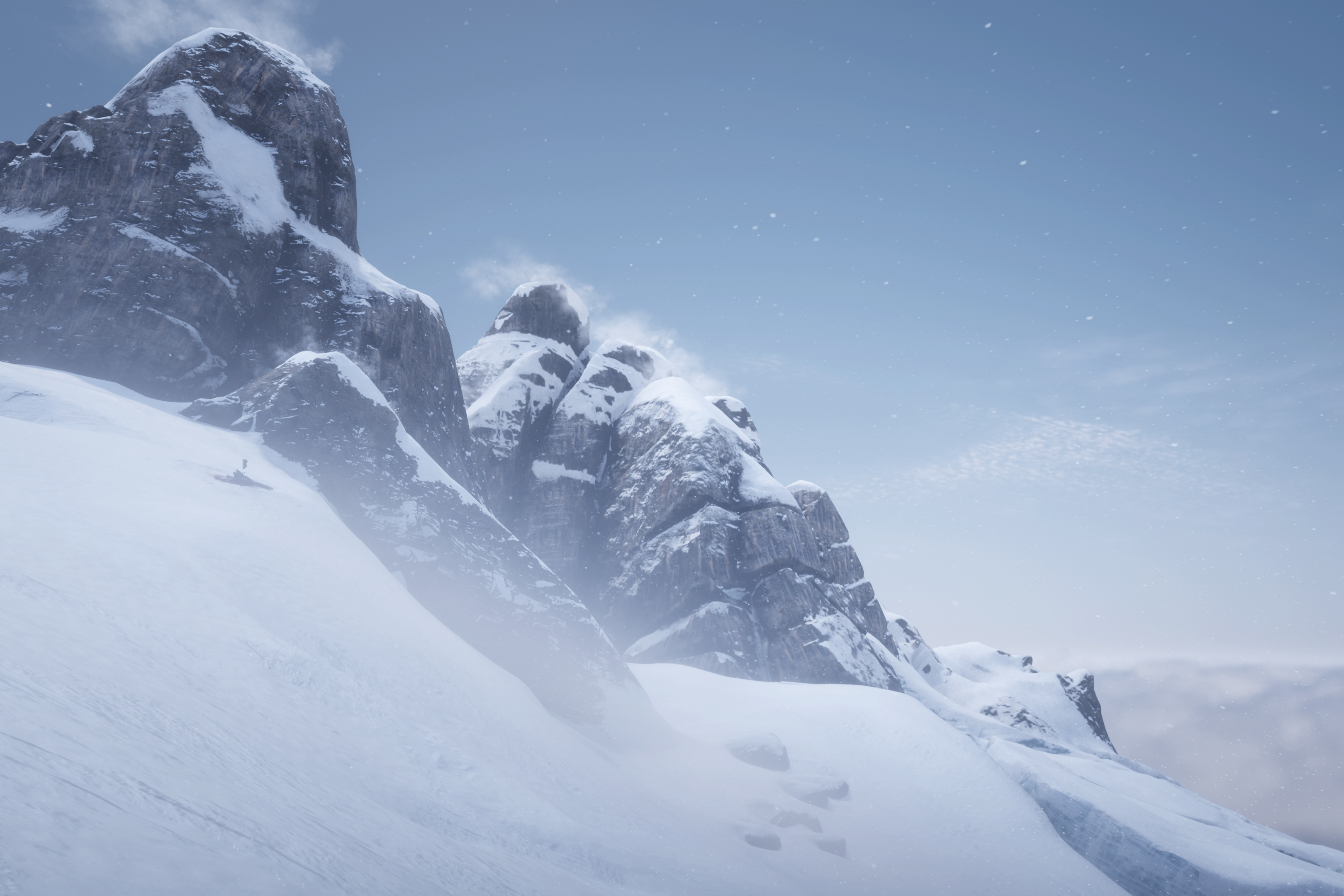 Screenshot from Red Dead Redemption 2 showing a snow-covered mountain