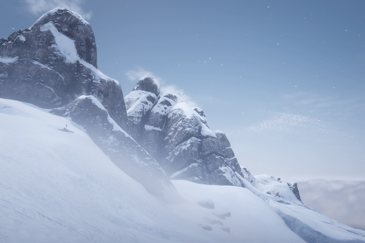 Screenshot from Red Dead Redemption 2 showing a snow-covered mountain
