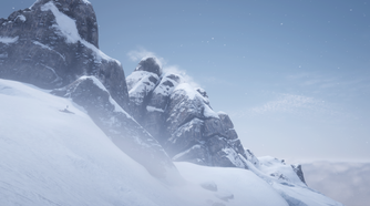 Screenshot from Red Dead Redemption 2 showing a snow-covered mountain