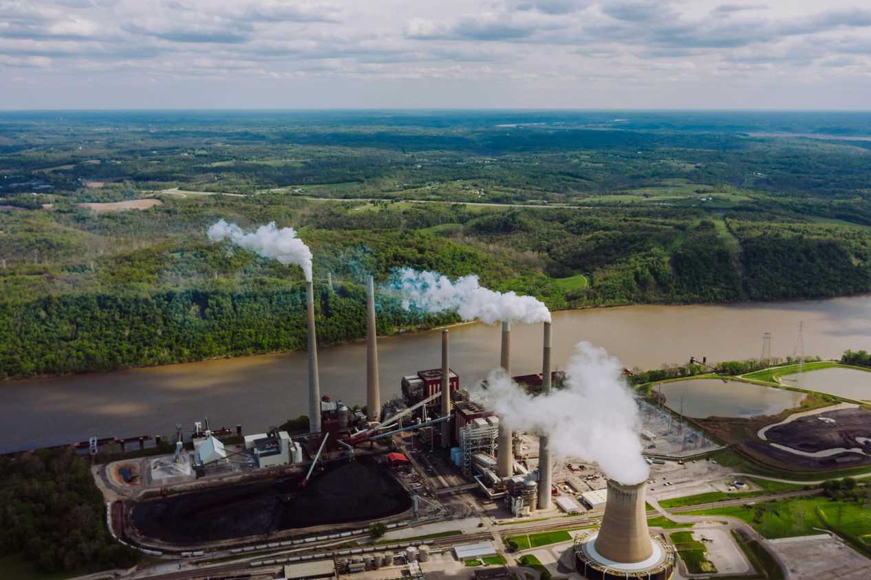 Smoke coming out of chimneys of a coal power plant