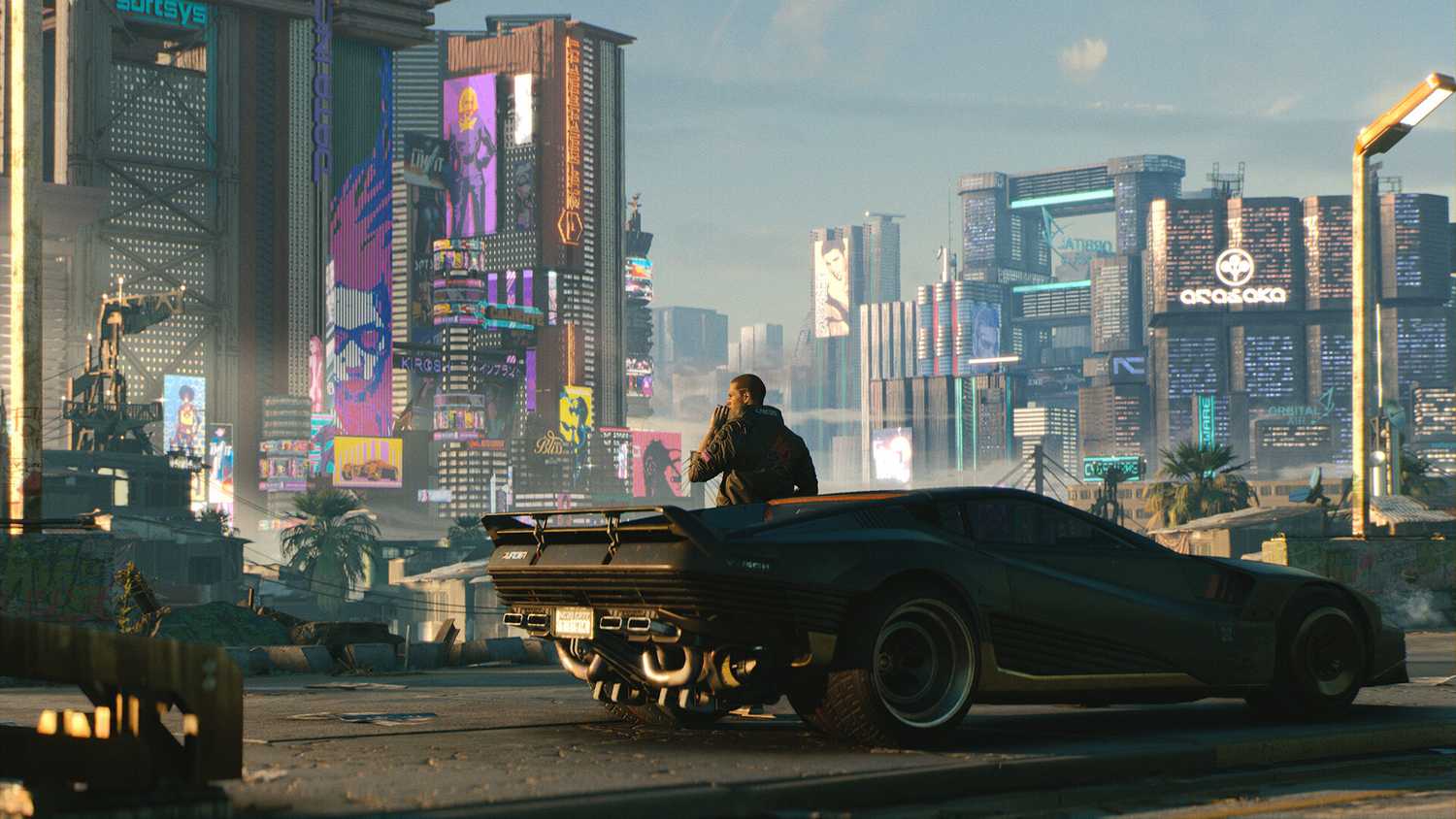 The player character leaning against a car with Night City in the background