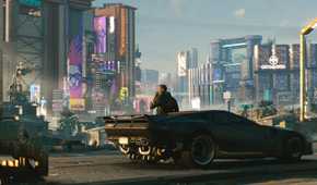 The player character leaning against a car with Night City in the background