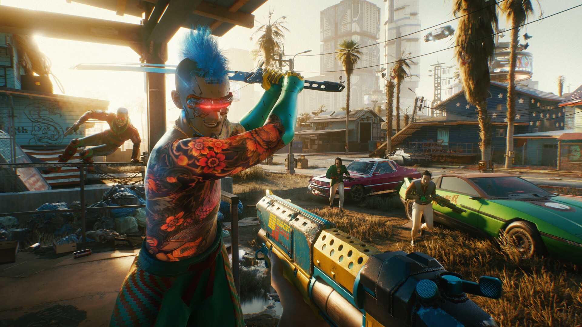 A man fighting the player with a katana