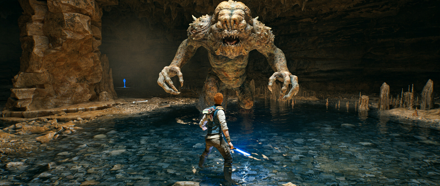 star wars jedi survivor fighting a rancor