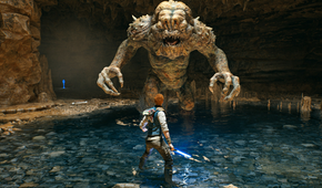star wars jedi survivor fighting a rancor