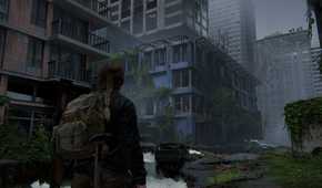 Screenshot from The Last of Us Part II showing Abby walking through the city