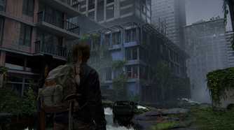 Screenshot from The Last of Us Part II showing Abby walking through the city