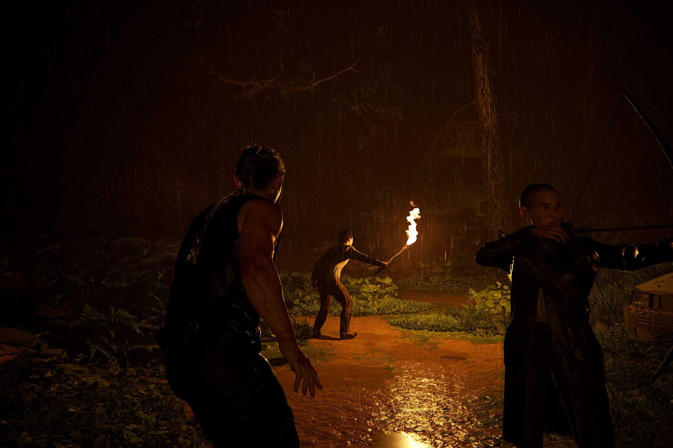 three characters walking in the jungle by firelight