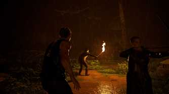 three characters walking in the jungle by firelight
