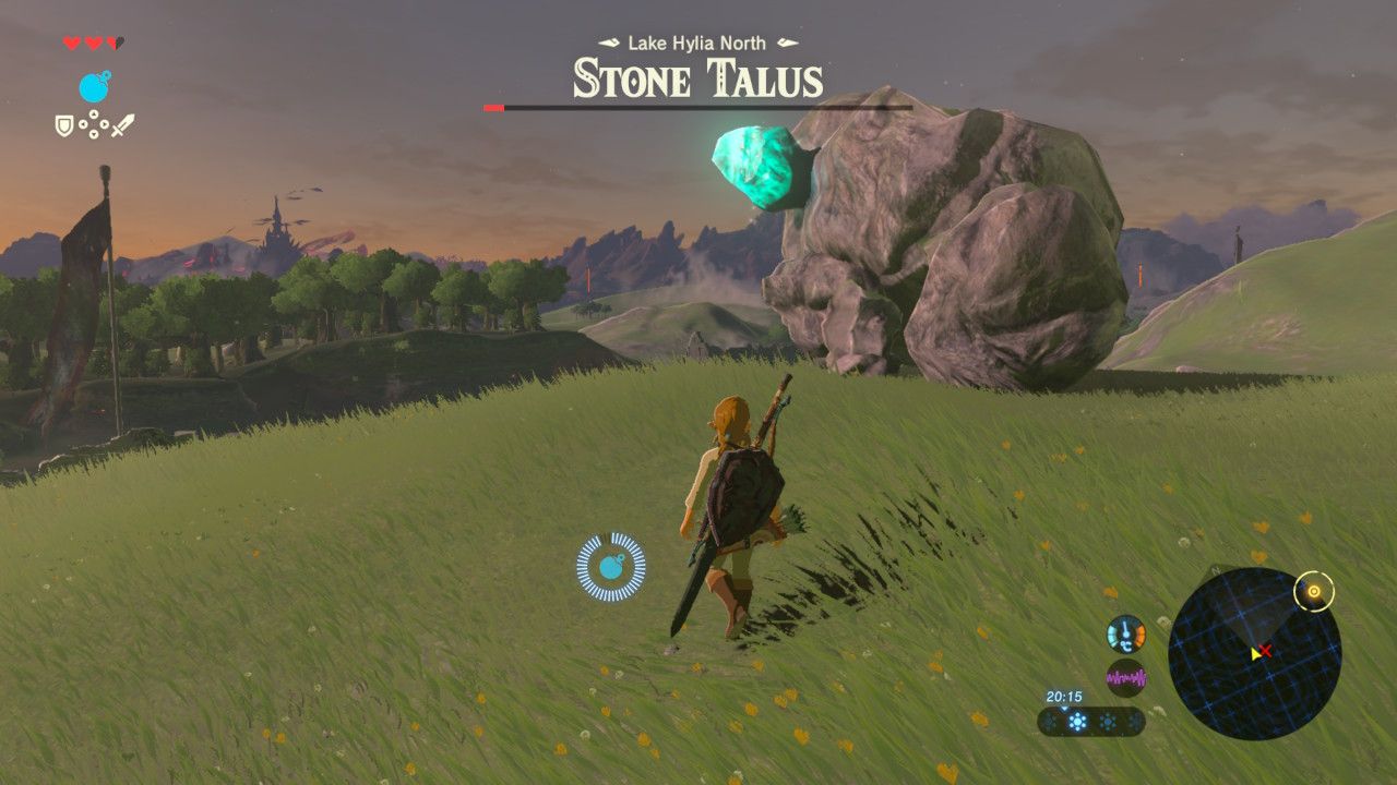 Screenshot of The Legend of Zelda Breath of the Wild depicting Link in front of a Stone Talus