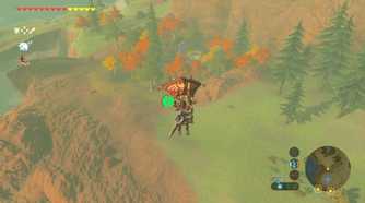 Link gliding over a field with grass and multi-colored trees