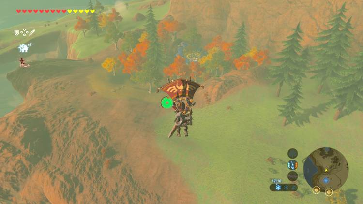 Link gliding over a field with grass and multi-colored trees
