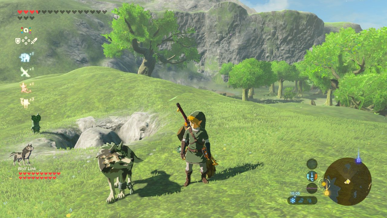 Screenshot of The Legend of Zelda Breath of the Wild depicting Link standing next to Wolf Link