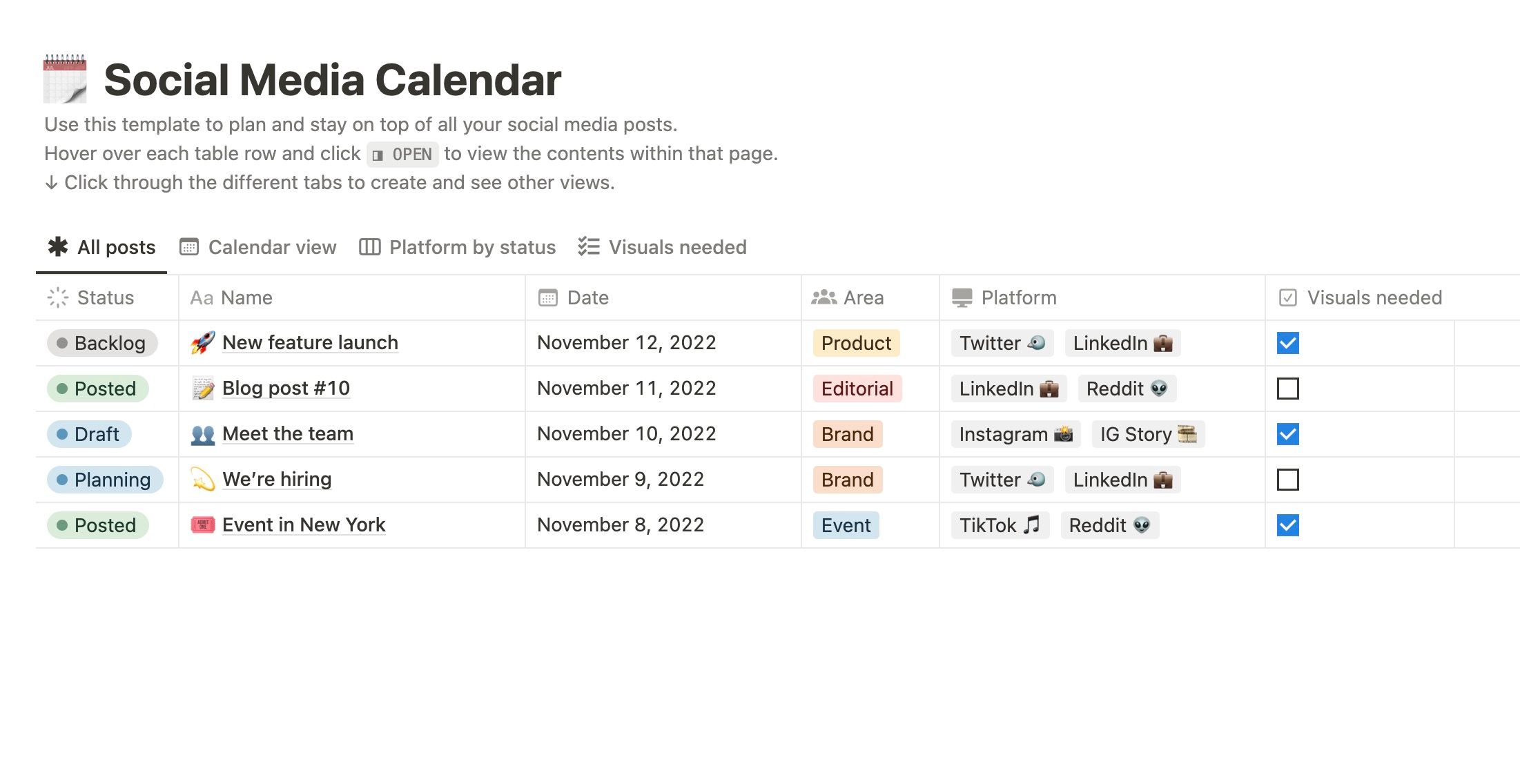 Social media calendar notion template