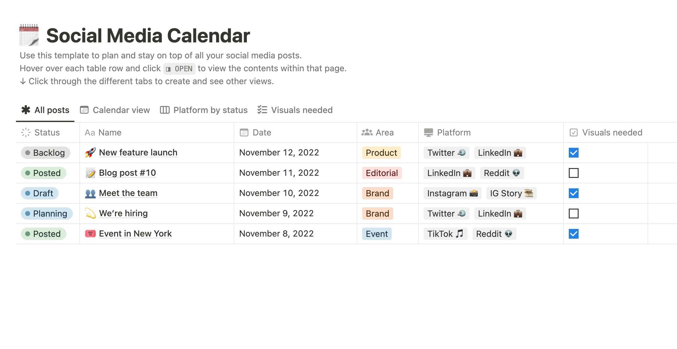 Social media calendar notion template