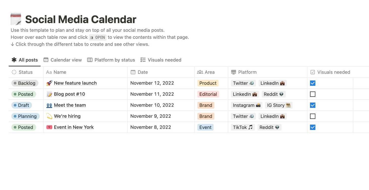 Social media calendar notion template