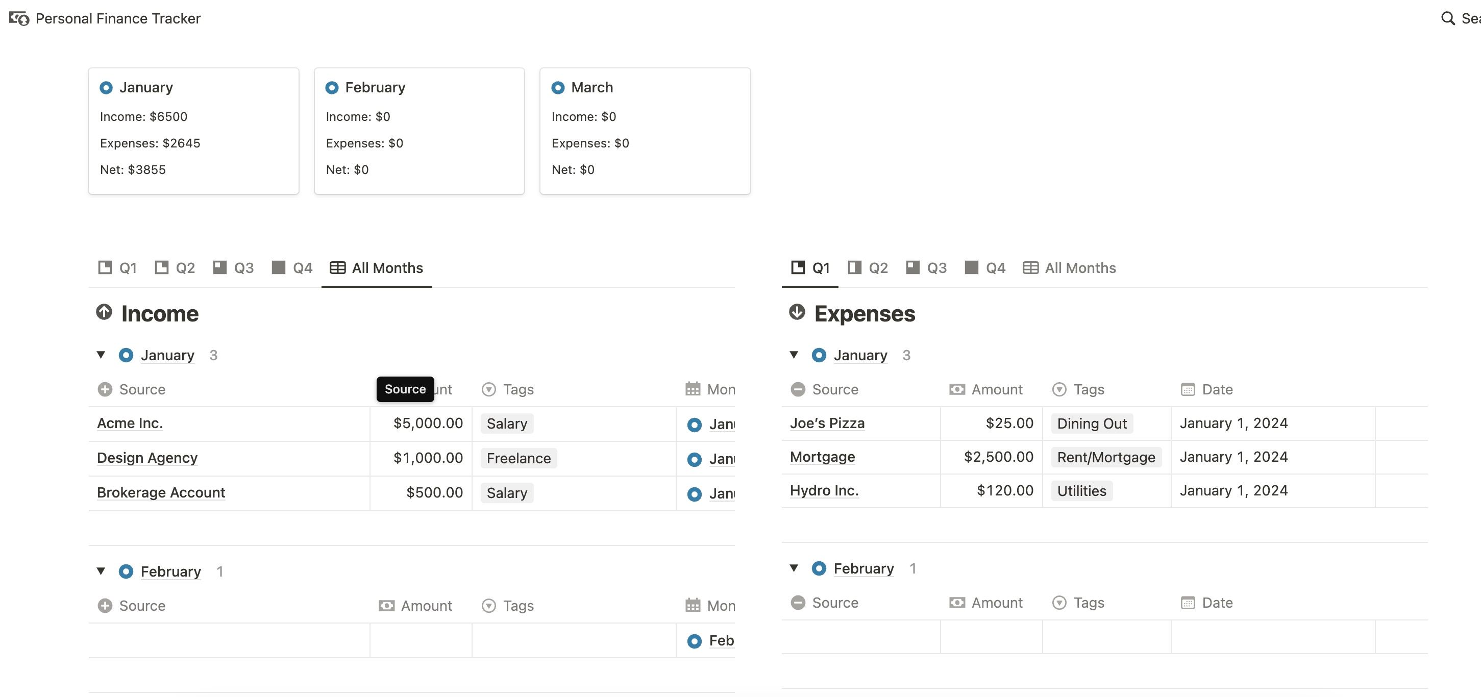 Finance tracker Notion template
