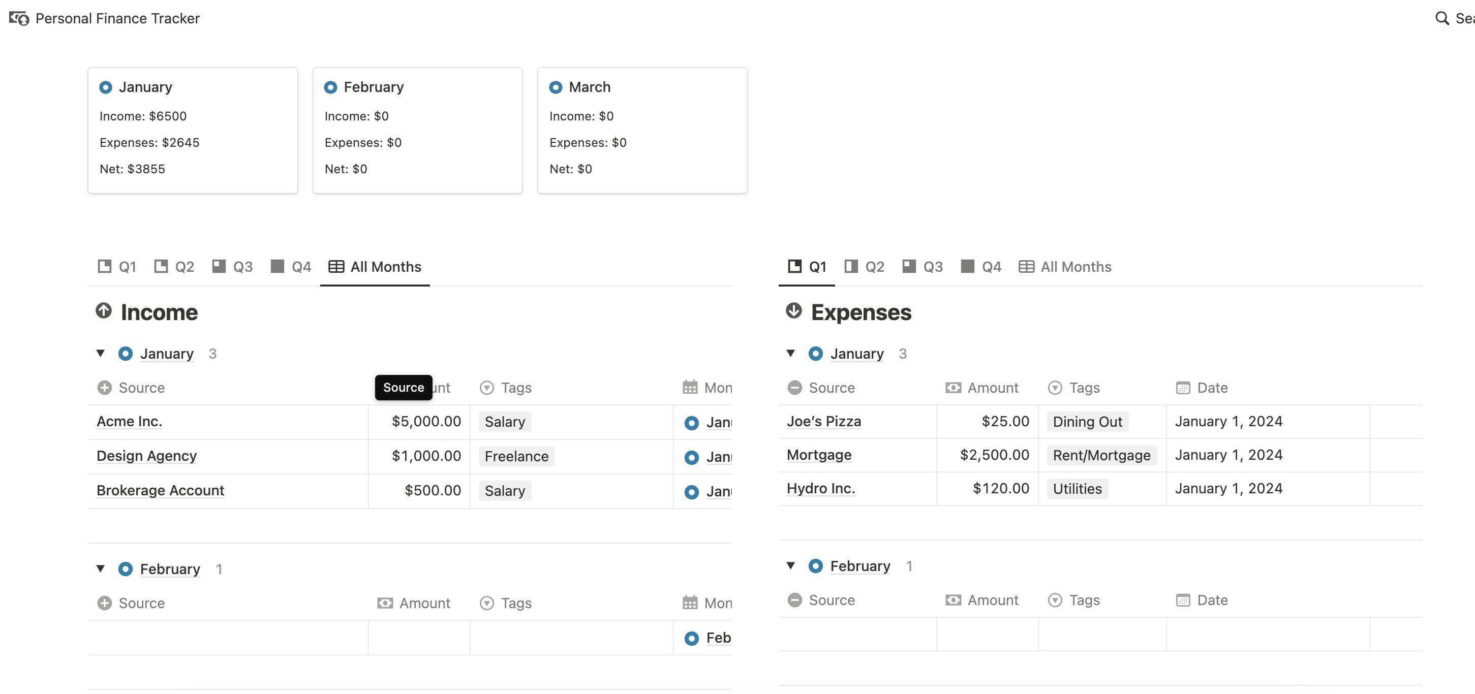 Finance tracker Notion template