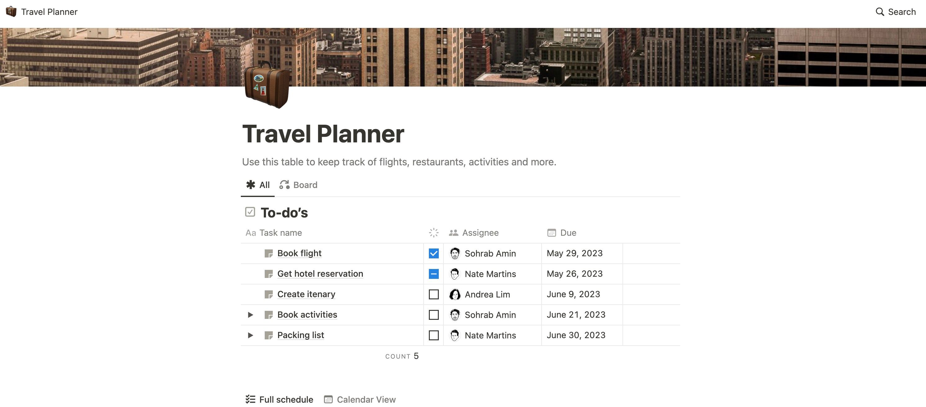 Travel planner Notion template