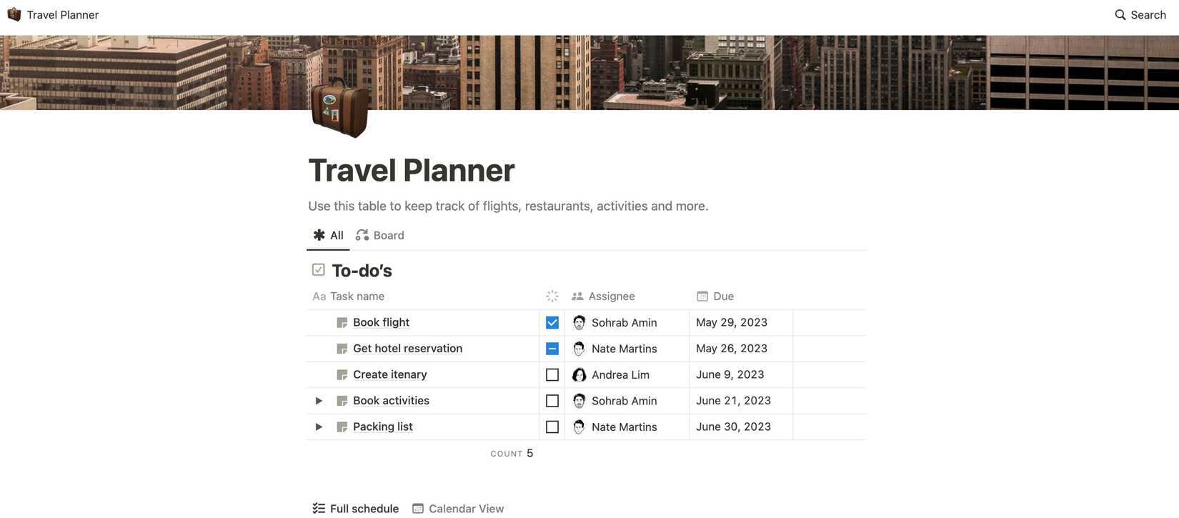 Travel planner Notion template