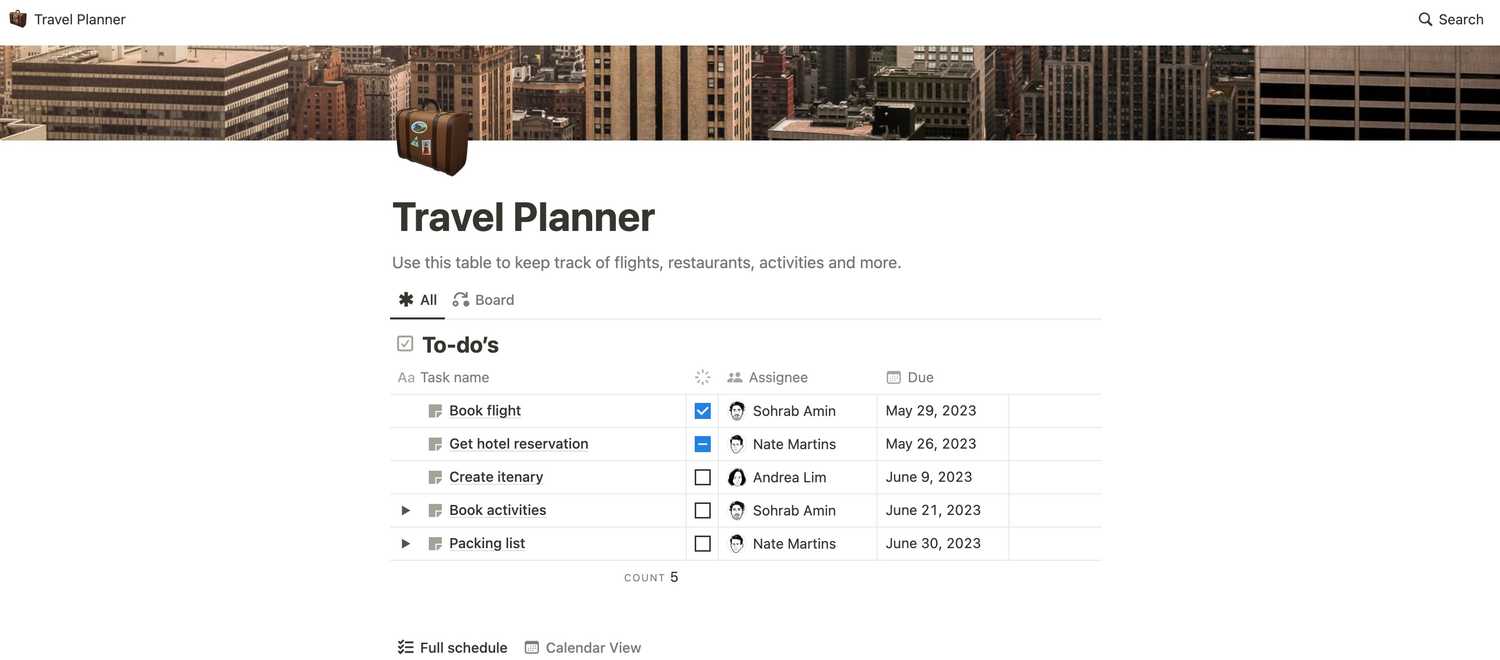 Travel planner Notion template