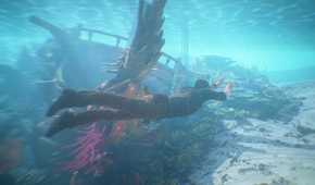 Screenshot of Uncharted 4 showing Nate swimming underwater