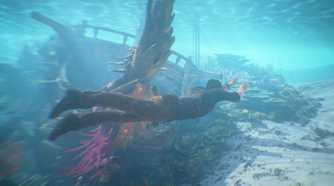Screenshot of Uncharted 4 showing Nate swimming underwater