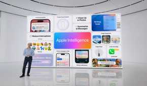 Person standing in front of Apple Intelligence presentation